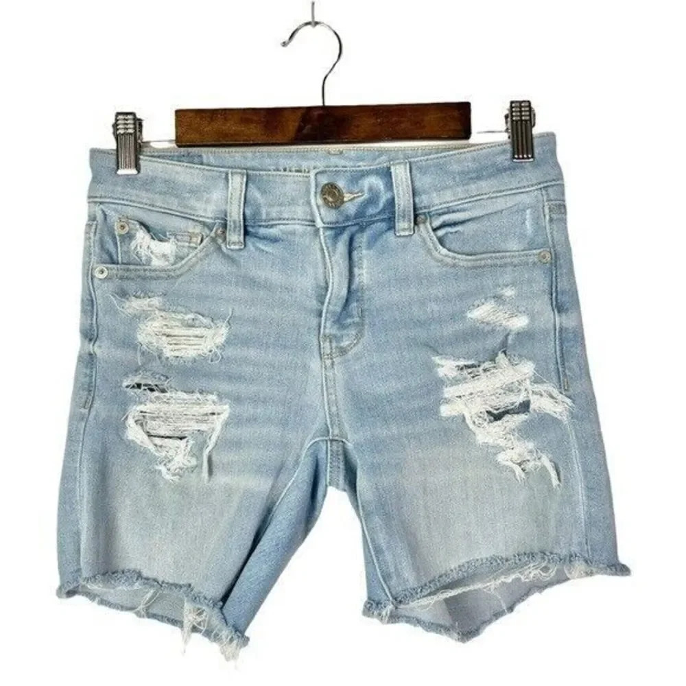 American Eagle AEO Light Wash Distressed Midi Stretch Shorts 2